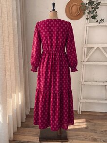 Rusticease Plus Size Burgundy Button Front Ruffle Trim Round Neck Long Sleeve Dress Elegant Bohemian Boho Cottage Core Fall Winter Going Out Vacation Party - Burgundy - View 2