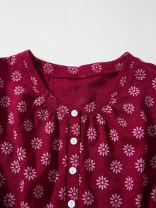 Rusticease Plus Size Burgundy Button Front Ruffle Trim Round Neck Long Sleeve Dress Elegant Bohemian Boho Cottage Core Fall Winter Going Out Vacation Party - Burgundy - View 4