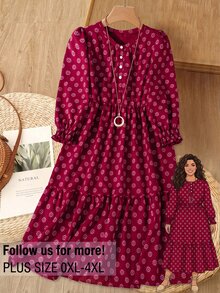 Rusticease Plus Size Burgundy Button Front Ruffle Trim Round Neck Long Sleeve Dress Elegant Bohemian Boho Cottage Core Fall Winter Going Out Vacation Party - Burgundy - View 11
