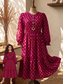 Rusticease Plus Size Burgundy Button Front Ruffle Trim Round Neck Long Sleeve Dress Elegant Bohemian Boho Cottage Core Fall Winter Going Out Vacation Party - Burgundy - View 13