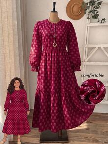 Rusticease Plus Size Burgundy Button Front Ruffle Trim Round Neck Long Sleeve Dress Elegant Bohemian Boho Cottage Core Fall Winter Going Out Vacation Party - Burgundy - View 1