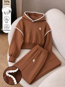 SHEIN Girls' Fall Casual Athletic Band Minimalist Fashion Knit Solid Color Long Sleeve Ribbed Waist Hooded Top And Long Pants 2 Pieces Set Brown Pull - Brown - View 5