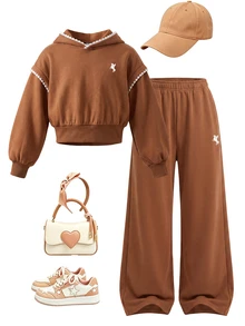SHEIN Girls' Fall Casual Athletic Band Minimalist Fashion Knit Solid Color Long Sleeve Ribbed Waist Hooded Top And Long Pants 2 Pieces Set Brown Pull - Brown - View 6