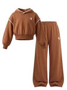 SHEIN Girls' Fall Casual Athletic Band Minimalist Fashion Knit Solid Color Long Sleeve Ribbed Waist Hooded Top And Long Pants 2 Pieces Set Brown Pull - Brown - View 7