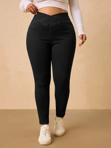 Elaquor Plus Size Asymmetrical Waist Casual Daily Wear Denim Jeans,V-Crossover Waist,High-Waisted Jeggings,Workwear Pants,High-Waisted Jeggings,Halloween,Chri - Black - View 5