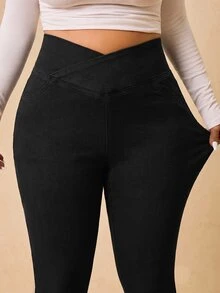 Elaquor Plus Size Asymmetrical Waist Casual Daily Wear Denim Jeans,V-Crossover Waist,High-Waisted Jeggings,Workwear Pants,High-Waisted Jeggings,Halloween,Chri - Black - View 2