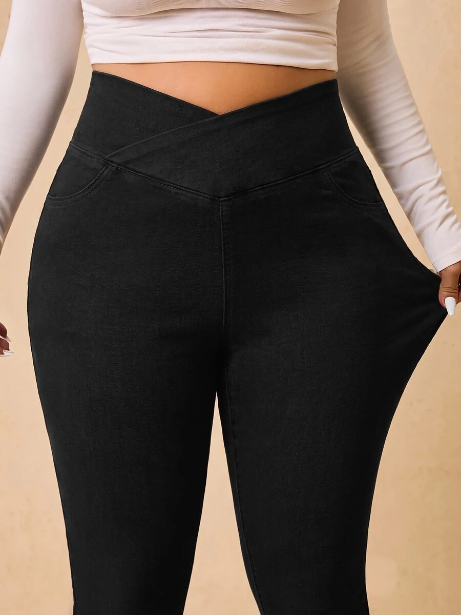 Elaquor Plus Size Asymmetrical Waist Casual Daily Wear Denim Jeans,V-Crossover Waist,High-Waisted Jeggings,Workwear Pants,High-Waisted Jeggings,Halloween,Chri
