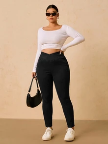 Elaquor Plus Size Asymmetrical Waist Casual Daily Wear Denim Jeans,V-Crossover Waist,High-Waisted Jeggings,Workwear Pants,High-Waisted Jeggings,Halloween,Chri - Black - View 8