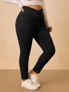Elaquor Plus Size Asymmetrical Waist Casual Daily Wear Denim Jeans,V-Crossover Waist,High-Waisted Jeggings,Workwear Pants,High-Waisted Jeggings,Halloween,Chri - Black - View 6