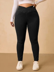 Elaquor Plus Size Asymmetrical Waist Casual Daily Wear Denim Jeans,V-Crossover Waist,High-Waisted Jeggings,Workwear Pants,High-Waisted Jeggings,Halloween,Chri - Black - View 4