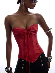 LYSMO Women's Strapless Casual Red Fitted Top - Red - View 3