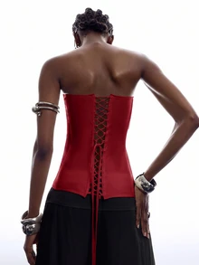 LYSMO Women's Strapless Casual Red Fitted Top - Red - View 2