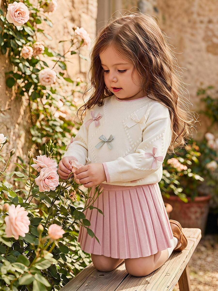 6 Months - 3 Years Baby Girl Round Neck Knitted 2 Pieces Set, Multi-Color 3D Bow Decor Diamond Pattern Cable Knit Sweater With Pink Pleated Skirt, Spring/Autumn Outfit - White - View 1
