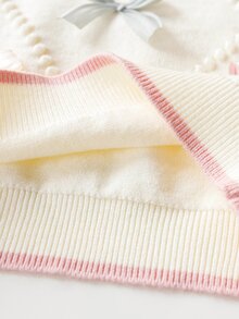 6 Months - 3 Years Baby Girl Round Neck Knitted 2 Pieces Set, Multi-Color 3D Bow Decor Diamond Pattern Cable Knit Sweater With Pink Pleated Skirt, Spring/Autumn Outfit - White - View 5