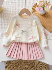 6 Months - 3 Years Baby Girl Round Neck Knitted 2 Pieces Set, Multi-Color 3D Bow Decor Diamond Pattern Cable Knit Sweater With Pink Pleated Skirt, Spring/Autumn Outfit - White - View 9