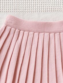 6 Months - 3 Years Baby Girl Round Neck Knitted 2 Pieces Set, Multi-Color 3D Bow Decor Diamond Pattern Cable Knit Sweater With Pink Pleated Skirt, Spring/Autumn Outfit - White - View 8