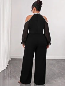 Femmeverse Plus Size Women's Patchwork Sequin Cold Shoulder Long Sleeve Elegant Wide Leg Jumpsuit - Black - View 2