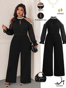 Femmeverse Plus Size Women's Patchwork Sequin Cold Shoulder Long Sleeve Elegant Wide Leg Jumpsuit - Black - View 3
