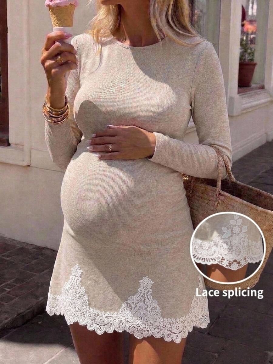 SHEIN Đầm bầu phối ren phong cách thường ngày, mặc hằng ngày, du lịch mùa hè - Màu Khaki - Xem 1