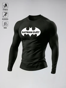 BATMAN X SHEIN Gym Rark Men's Round Neck Contrast Color Letter Graphic Slim Fit Comfortable Long Sleeve Sports T-Shirt, Gym - Black - View 3