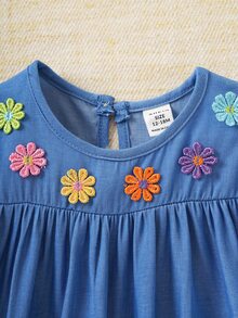 Souflis Souflis Vestido de princesa para bebé niña con manga abullonada, cuello redondo, cintura alta, plisado y acampanado, con bordado floral y apariencia de denim - Azul - Ver 9