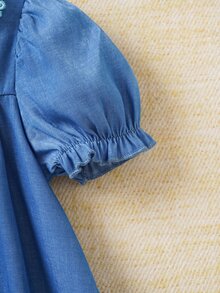 Souflis Souflis Vestido de princesa para bebé niña con manga abullonada, cuello redondo, cintura alta, plisado y acampanado, con bordado floral y apariencia de denim - Azul - Ver 8