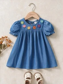Souflis Souflis Vestido de princesa para bebé niña con manga abullonada, cuello redondo, cintura alta, plisado y acampanado, con bordado floral y apariencia de denim - Azul - Ver 2