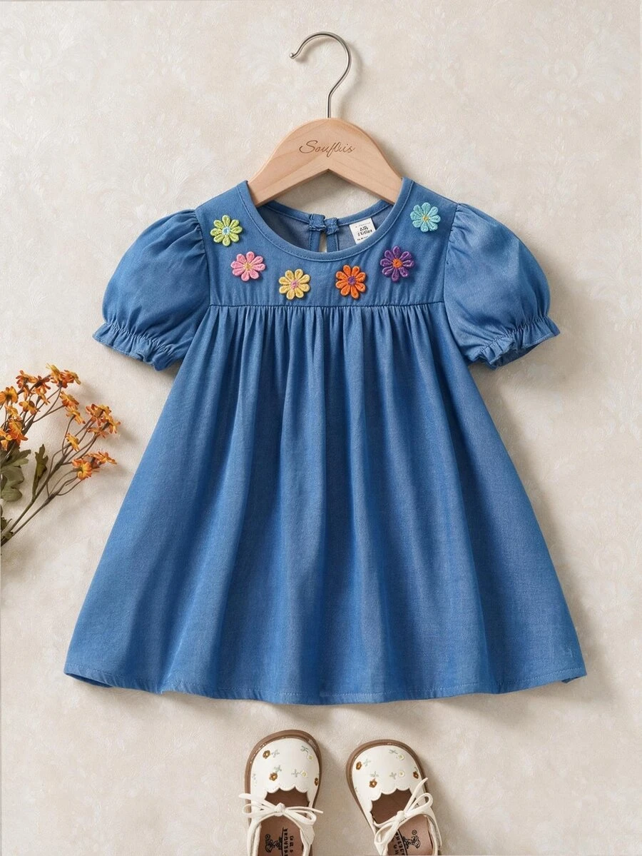 Souflis Souflis Vestido de princesa para bebé niña con manga abullonada, cuello redondo, cintura alta, plisado y acampanado, con bordado floral y apariencia de denim