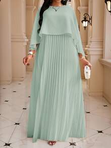 Fleurora Plus Size Sage Green Summer Elegant Celestial Traditional Wedding Formal Dinner Party Guest Dress For Women Round Neck Pleated Hem Spring Outfits - Mint Green - View 4
