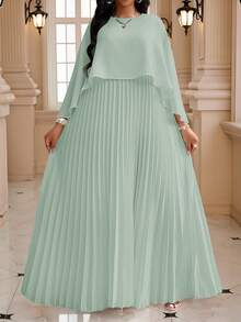 Fleurora Plus Size Sage Green Summer Elegant Celestial Traditional Wedding Formal Dinner Party Guest Dress For Women Round Neck Pleated Hem Spring Outfits - Mint Green - View 6