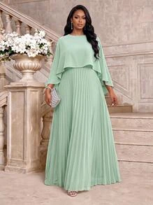 Fleurora Plus Size Sage Green Summer Elegant Celestial Traditional Wedding Formal Dinner Party Guest Dress For Women Round Neck Pleated Hem Spring Outfits - Mint Green - View 1