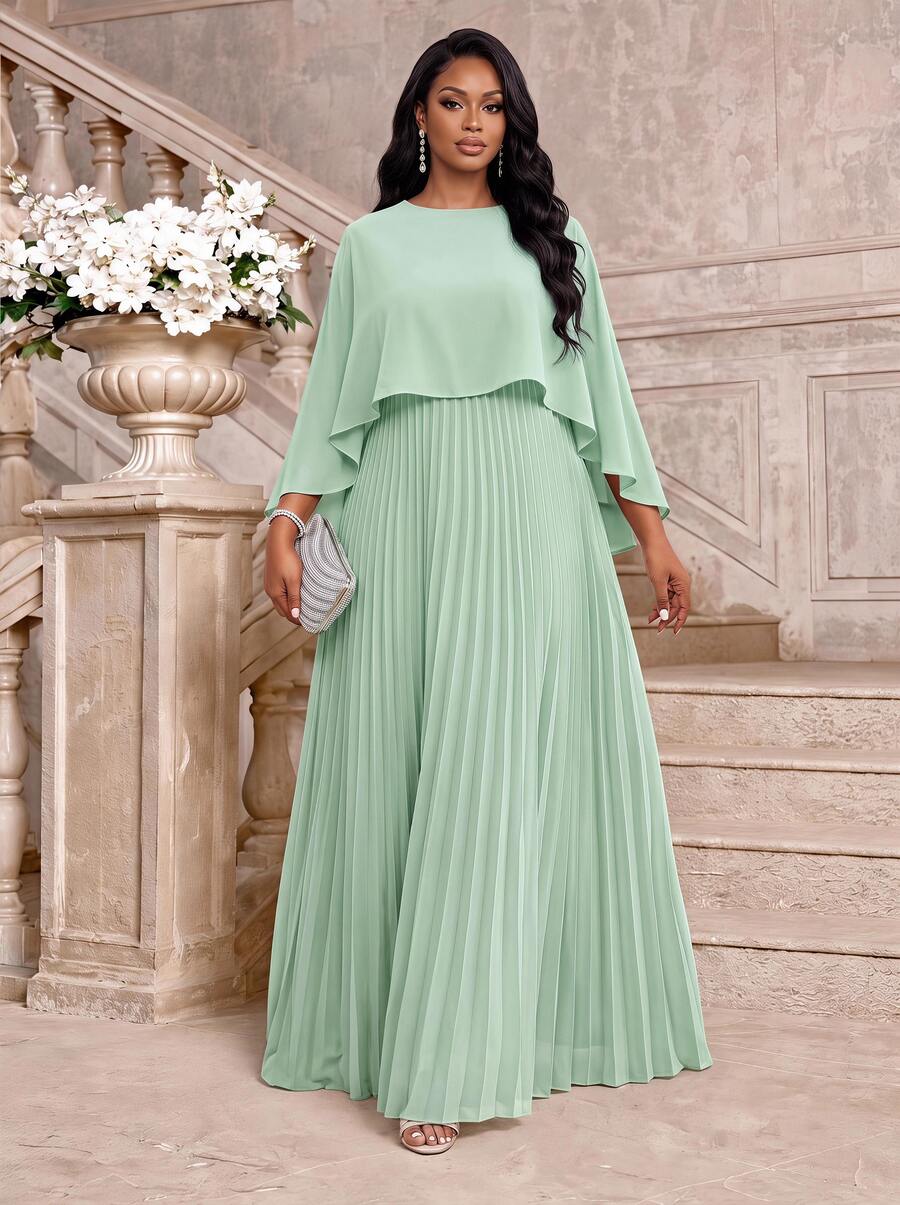 Fleurora Plus Size Sage Green Summer Elegant Celestial Traditional Wedding Formal Dinner Party Guest Dress For Women Round Neck Pleated Hem Spring Outfits - Mint Green - View 1