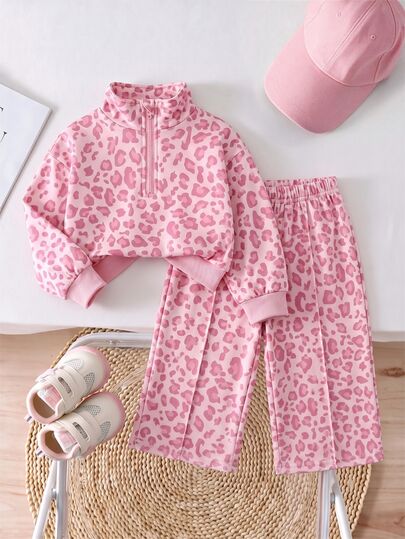 SHEIN Babygirl Cute Casual Leopard Print Long Sleeve Stand Collar Sweatshirt And Elastic Waist Long Autumn Winter Pants Set