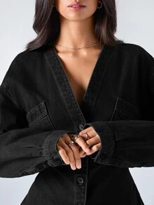 LYSMO Women's Fashion Front Button Waist Denim Top - Black - View 3
