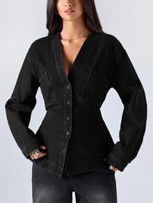 LYSMO Women's Fashion Front Button Waist Denim Top - Black - View 7