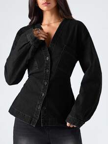 LYSMO Women's Fashion Front Button Waist Denim Top - Black - View 8