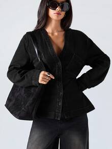 LYSMO Women's Fashion Front Button Waist Denim Top - Black - View 1