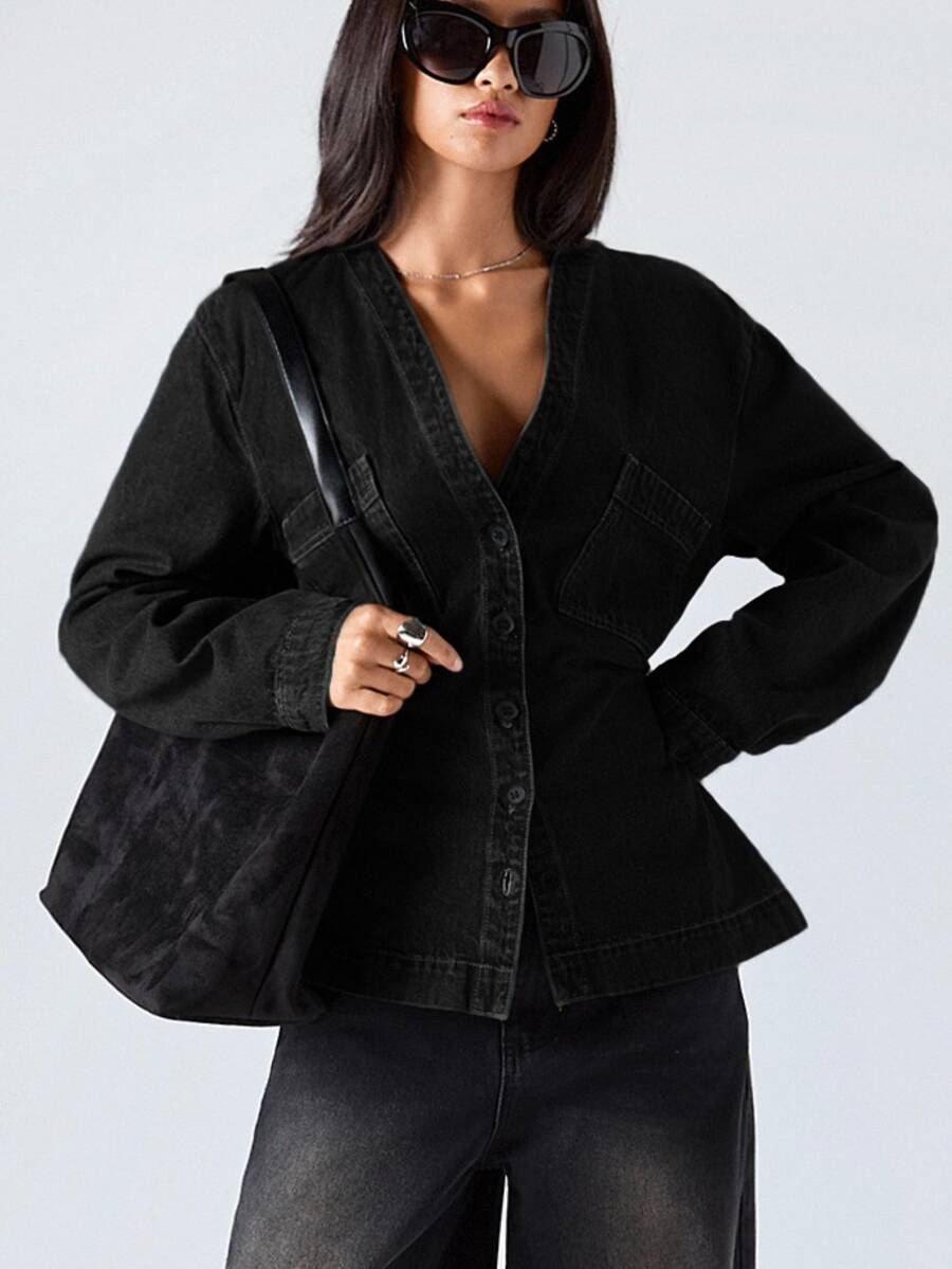 LYSMO Women's Fashion Front Button Waist Denim Top - Black - View 1