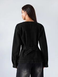 LYSMO Women's Fashion Front Button Waist Denim Top - Black - View 2