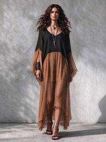 INAWLY Women's Chiffon Colorblock Long Dress - Black Gold - View 3
