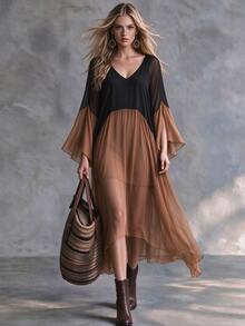 INAWLY Women's Chiffon Colorblock Long Dress - Black Gold - View 1