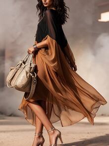 INAWLY Women's Chiffon Colorblock Long Dress - Black Gold - View 2