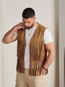 EASEVO Plus Size Men's Solid Color Tassel Design Casual Daily Vest Jacket Halloween Christmas Winter Party Autumn - Khaki - View 1