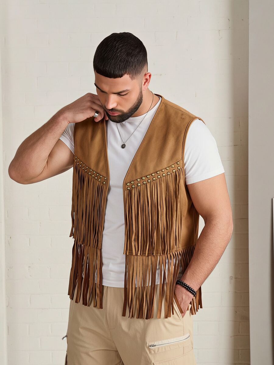 EASEVO Plus Size Men's Solid Color Tassel Design Casual Daily Vest Jacket Halloween Christmas Winter Party Autumn - Khaki - View 1