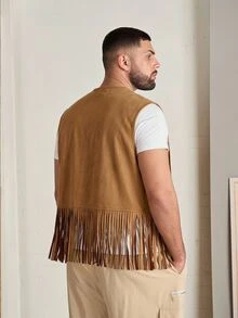EASEVO Plus Size Men's Solid Color Tassel Design Casual Daily Vest Jacket Halloween Christmas Winter Party Autumn - Khaki - View 2