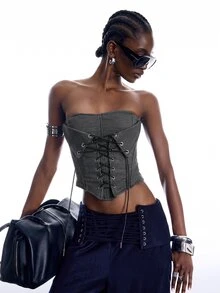 LYSMO Women's Sexy Fishbone Fitted Lace-Up Bandeau Top - Dark Grey - View 8