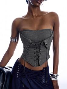 LYSMO Women's Sexy Fishbone Fitted Lace-Up Bandeau Top - Dark Grey - View 4
