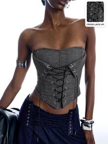 LYSMO Women's Sexy Fishbone Fitted Lace-Up Bandeau Top - Dark Grey - View 6