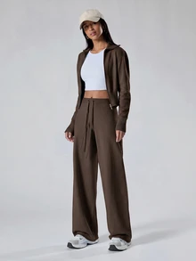 LYSMO Women's Zip-Up Long Sleeve Sweater Cardigan And Drawstring Waist Loose Pants 2 Pieces Set Lounge Travel Dark Brown Fall Casual Travel Lounge Brunch - Brown - View 1