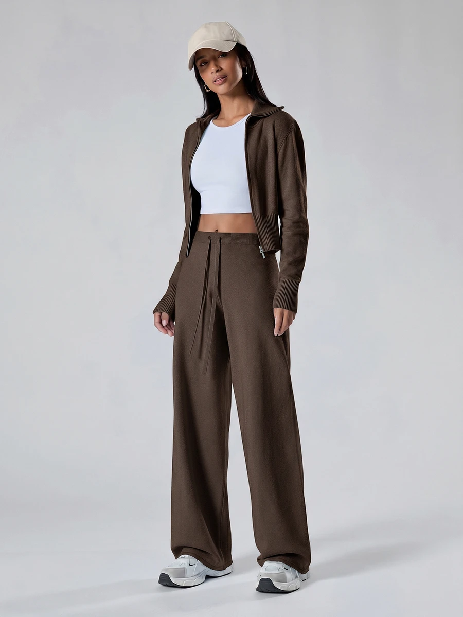 LYSMO Women's Zip-Up Long Sleeve Sweater Cardigan And Drawstring Waist Loose Pants 2 Pieces Set Lounge Travel Dark Brown Fall Casual Travel Lounge Brunch - Brown - View 1